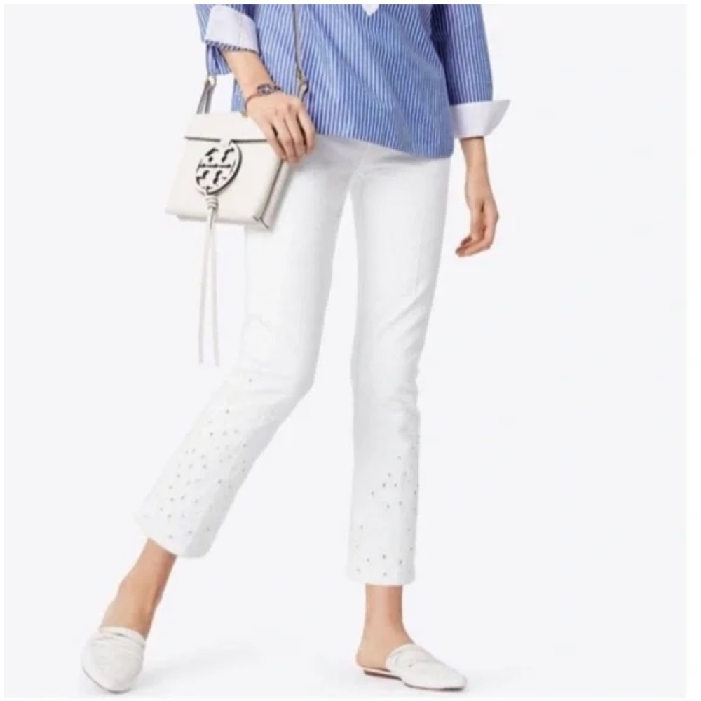 Tory Burch White Keira Eyelet Embroidered Cropped Denim Jeans [Size 27]